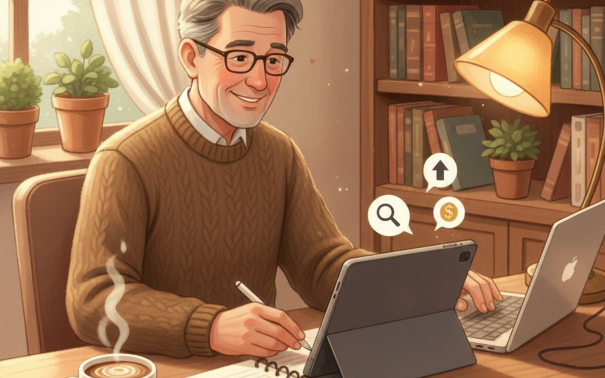 アフィリエイトに挑戦する60代が、ノートやタブレットを使いながら学んでいる温かみのあるイラスト