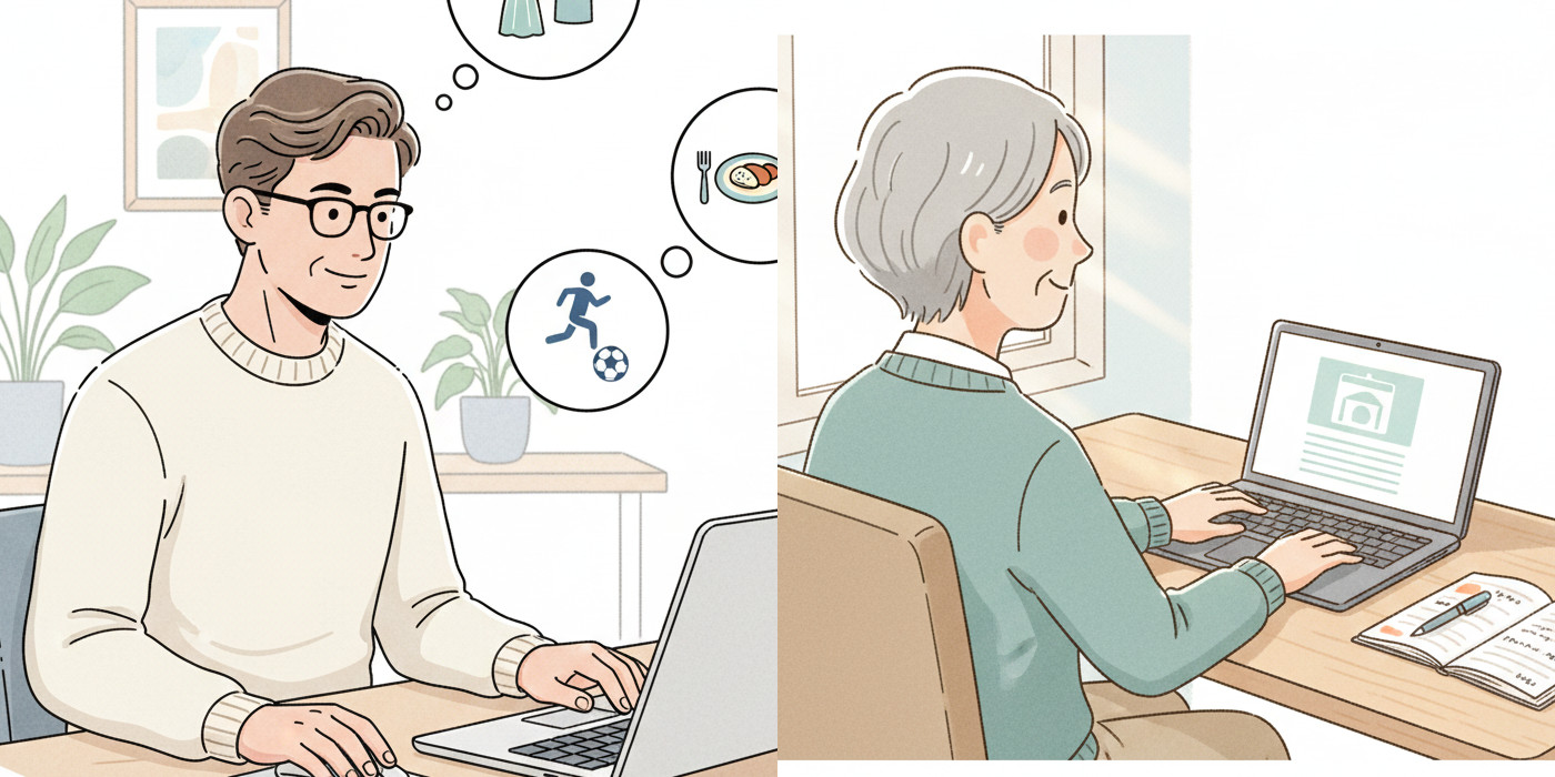 60代の人がブログ副業を学ぶシーンをイメージした、ノートやチェックマークを使った明るいイラスト