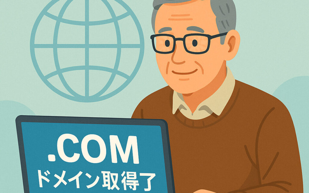 シニア男性がパソコン画面に表示された「.comドメイン取得完了」の文字を見て微笑むイラスト。