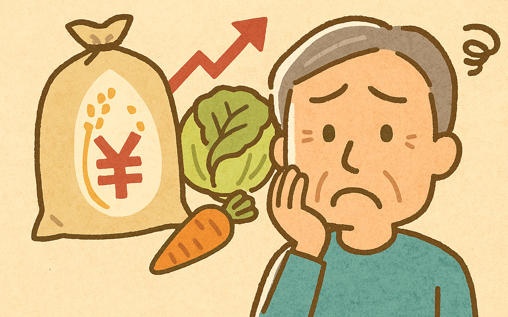 60代男性が食料品の値上がりに困惑しているイラスト。物価上昇・生活不安の象徴。ニュース系にも強いキーワード。