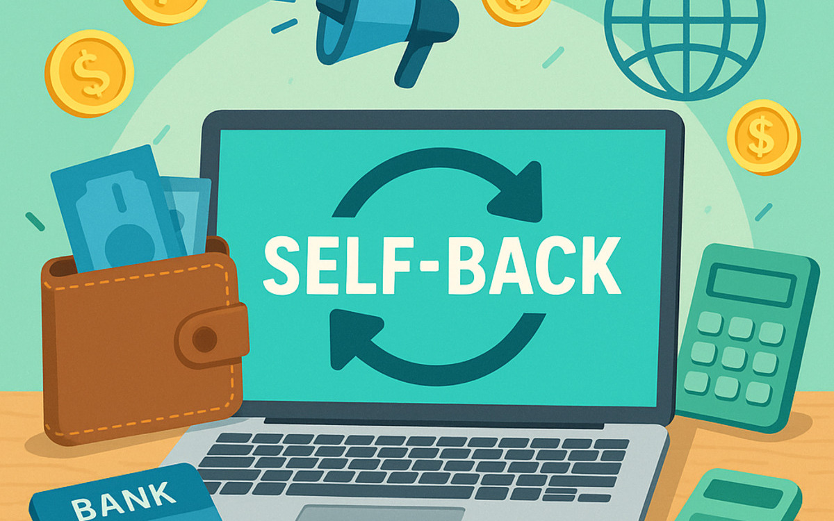 ノートパソコンの上にコインやアフィリエイトのアイコンが舞うセルフバックのイメージイラスト。明るく前向きな配色。