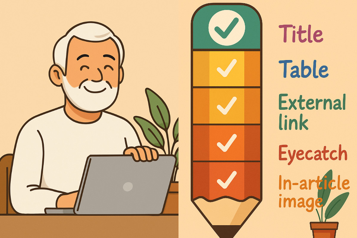 ノートパソコンの前で微笑むシニア男性と、ブログ作成のチェックリストを描いたアイキャッチ画像