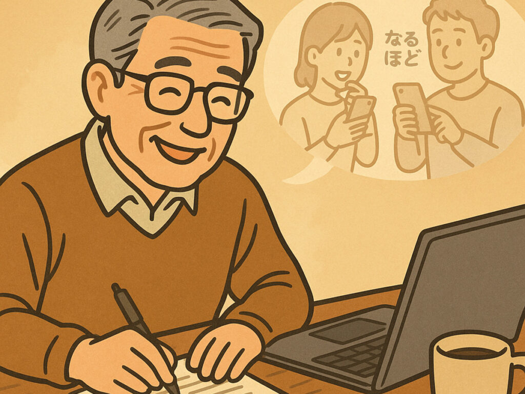 笑顔のシニア男性がタブレットとノートを使ってブログを書いているイラスト