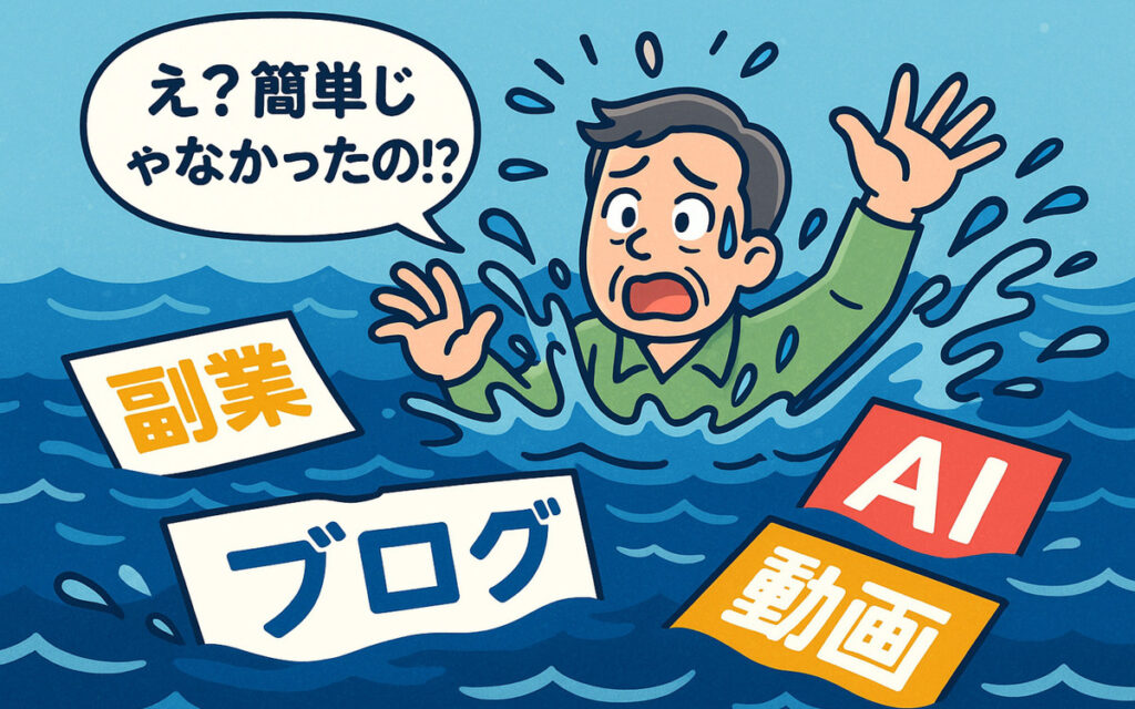 副業やAI・動画制作に溺れそうになって焦る男性のイラスト。ネット副業の難しさをコミカルに表現。クリック率を高めるビジュアル。