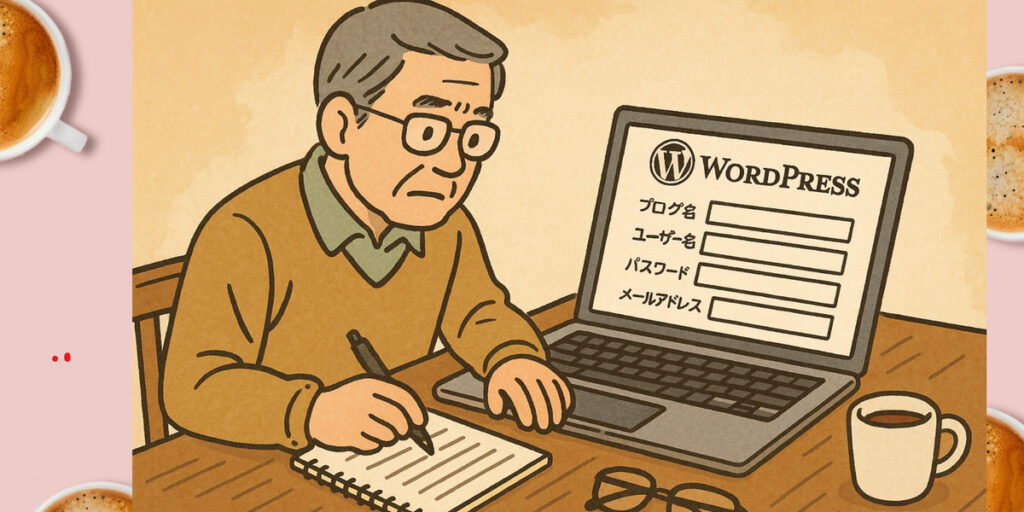 60代男性がノートパソコンを見ながらノートにメモを取る様子のイラスト。