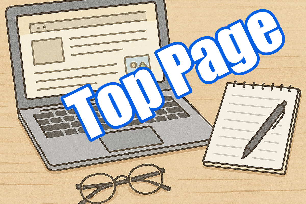 ブログ画面を表示したノートパソコンとメモ帳、眼鏡が机に並ぶシニア向けブログ副業のイメージイラスト