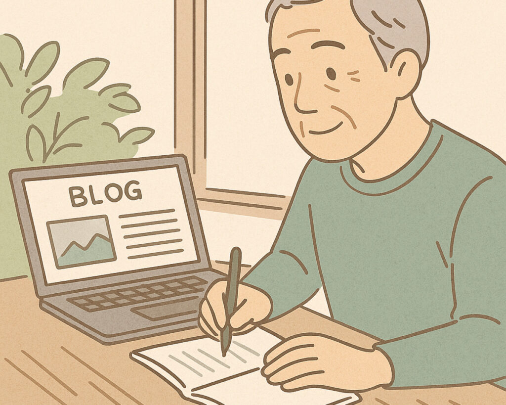 ノートパソコンでブログ画面を開き、ノートにメモを取るシニア男性のイラスト