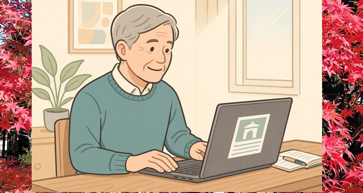 ノートパソコンでブログを書いているシニア男性が、自宅の明るい部屋で穏やかに作業しているイラスト