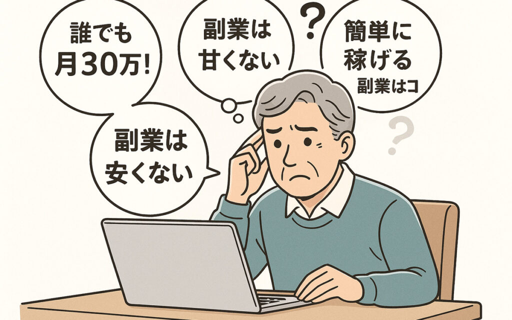 副業情報の多さに戸惑い、パソコンの前で悩むシニア男性のイラスト