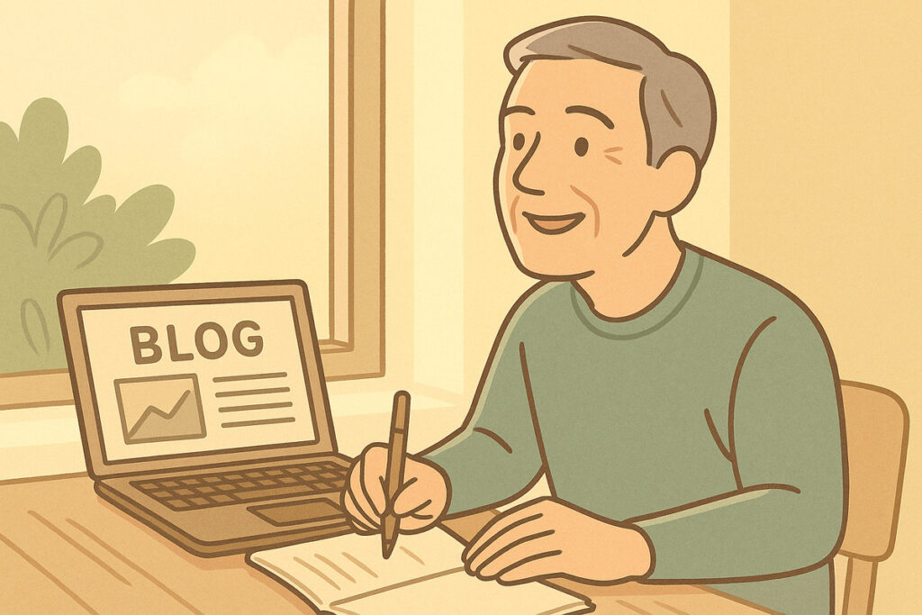 窓際の机でノートに書き込みながら、穏やかな笑顔で未来を思い描く60代男性のイラスト