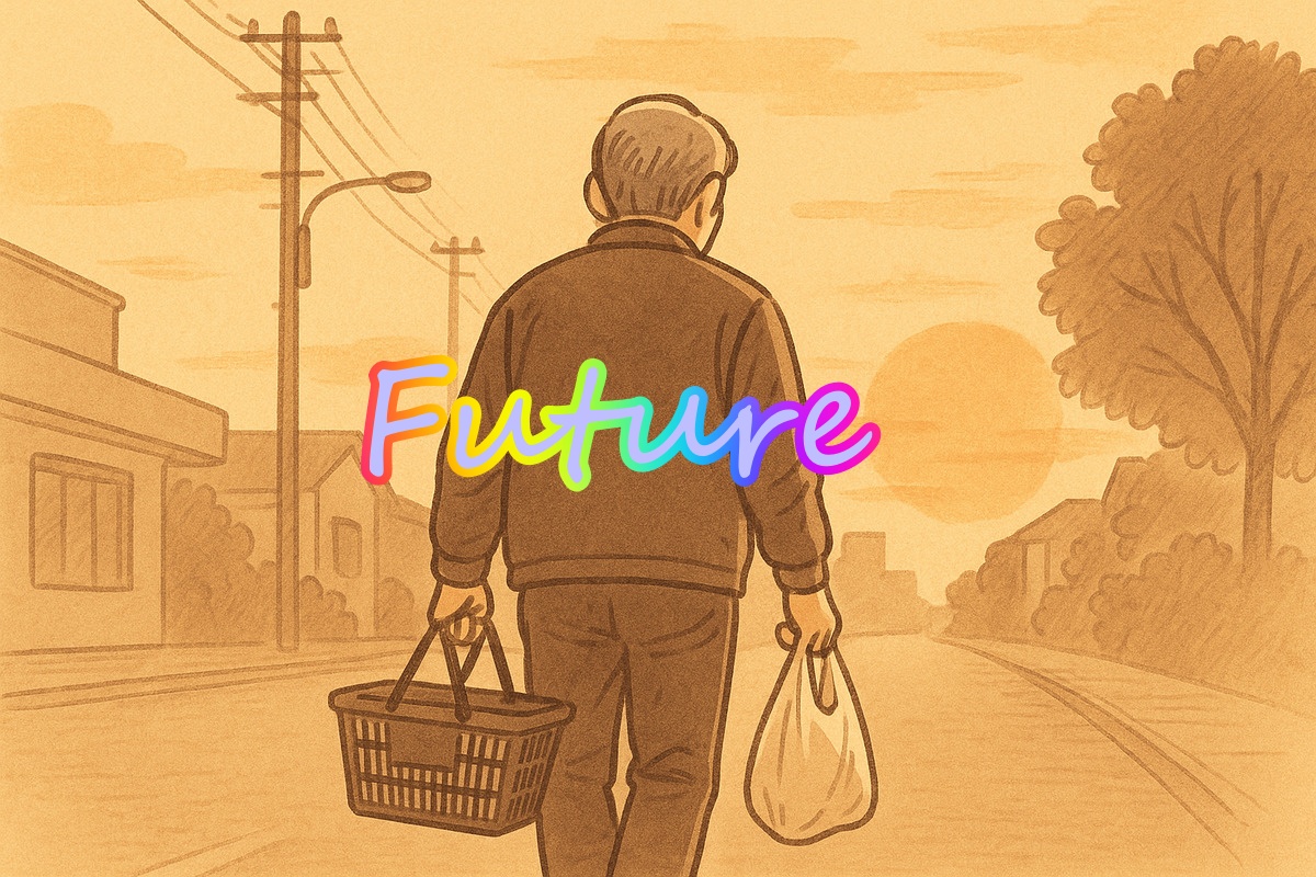 夕暮れの道を買い物袋を持って歩く60代男性の後ろ姿のイラスト。物価高を感じる日常と小さな気づきを表したシーン。