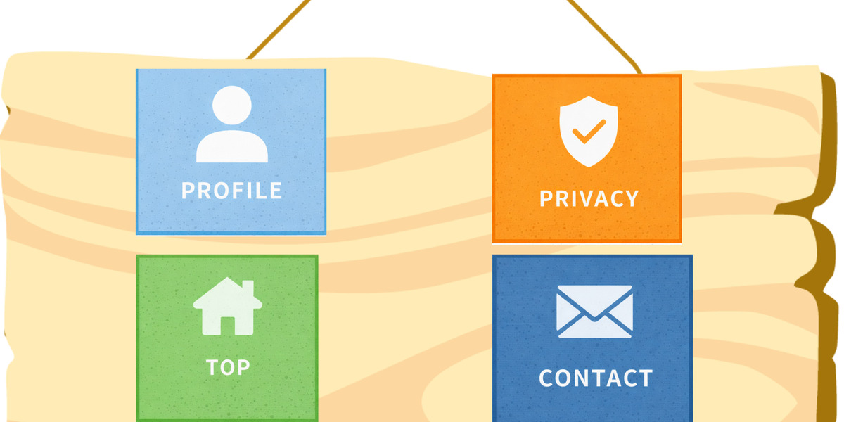 プロフィール、プライバシー、トップ、お問い合わせを示す4つのアイコンを並べた固定ページガイド用イラスト