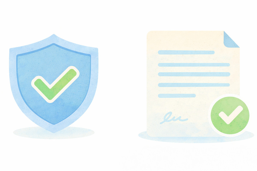 プライバシーポリシーと法令順守をイメージした2種類のイラストセット。青い盾と書類のアイコンが並んだデザイン。