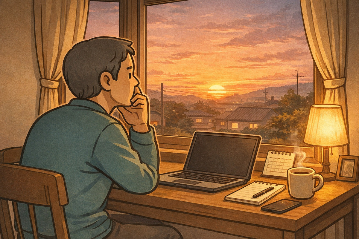 60代の男性が夕方の部屋でパソコンを前に考え込んでいる様子