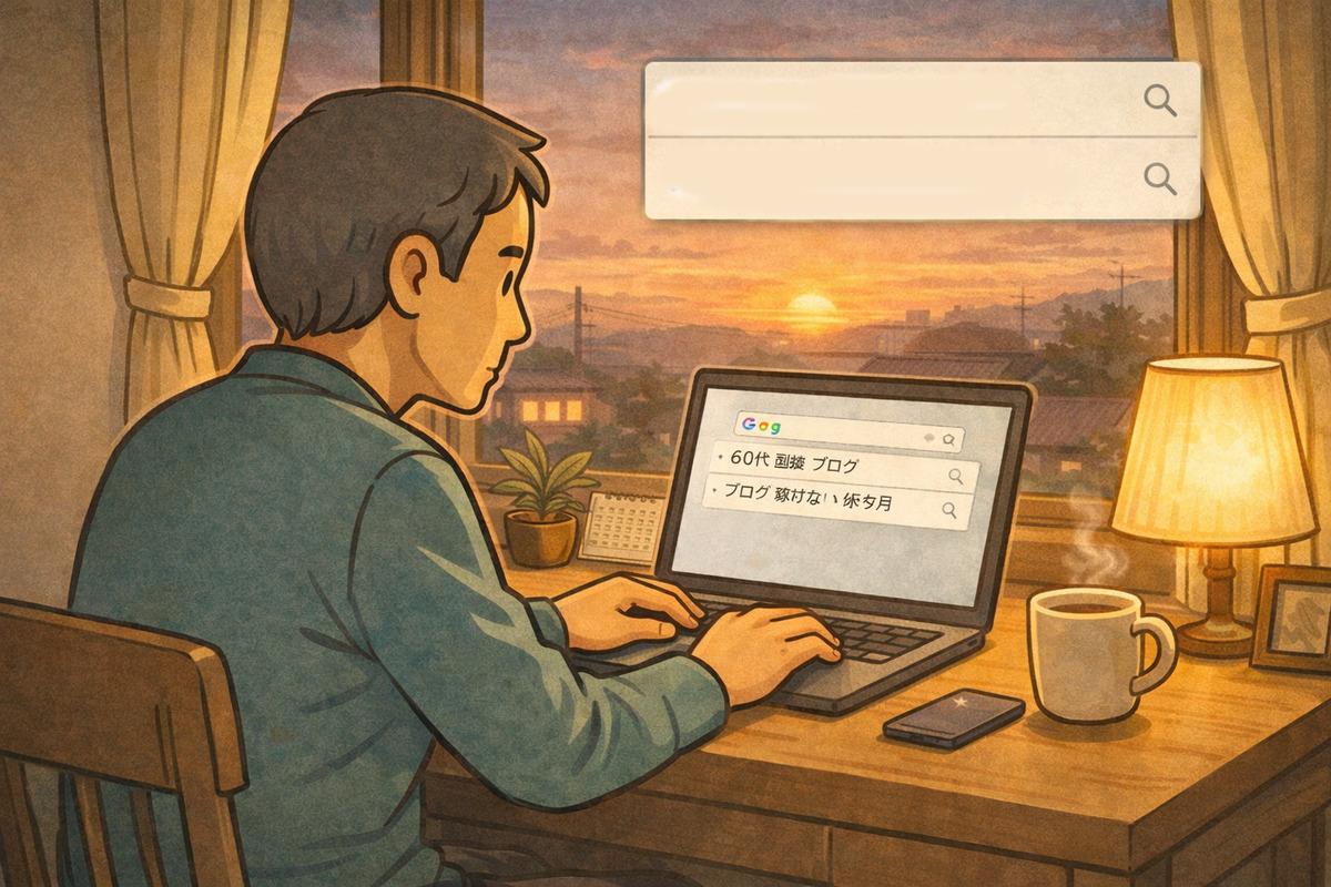 60代の男性が自宅のデスクでノートパソコンを使い、副業について検索している様子のイラスト