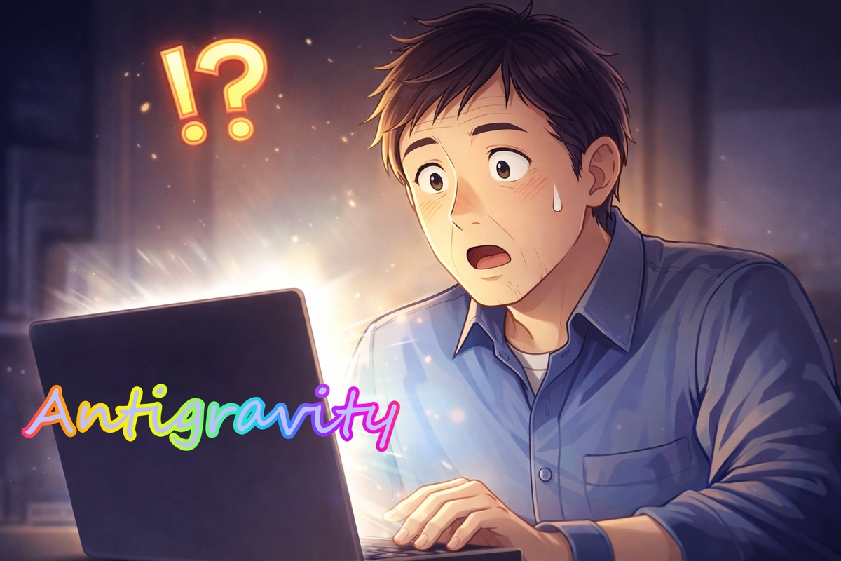 ノートパソコンの画面を見て少し驚いた表情を浮かべる60代男性のイラスト。Antigravityでタイトル作成ツールを試している様子。