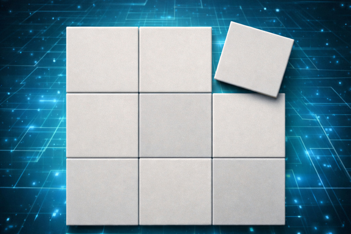 3x3 square puzzle grid with one tile slightly rotated