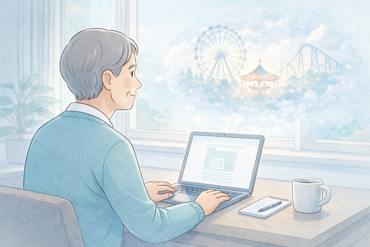 senior blogger imagining an amusement park while working on a laptop