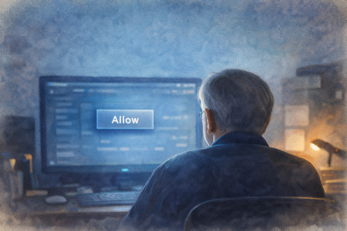 水彩画風で、薄暗い部屋でパソコン画面の「Allow」ボタンを見つめる60代男性の後ろ姿。デプロイ前の静かな瞬間を描いたイメージ。