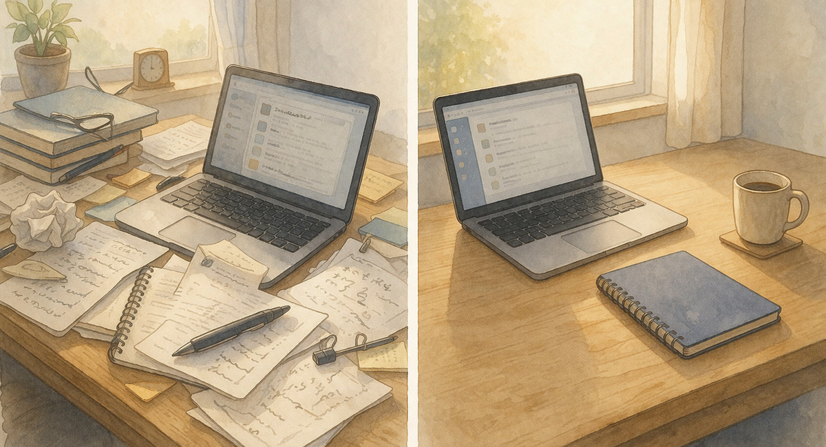 整理前と整理後の机を対比したイラスト。散らかった作業環境と整った環境の違いを表現