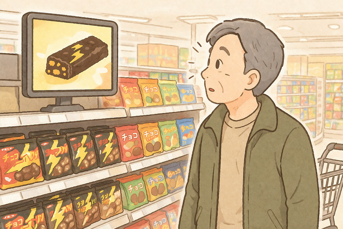 スーパーの売り場でCMにふと目を向ける60代男性