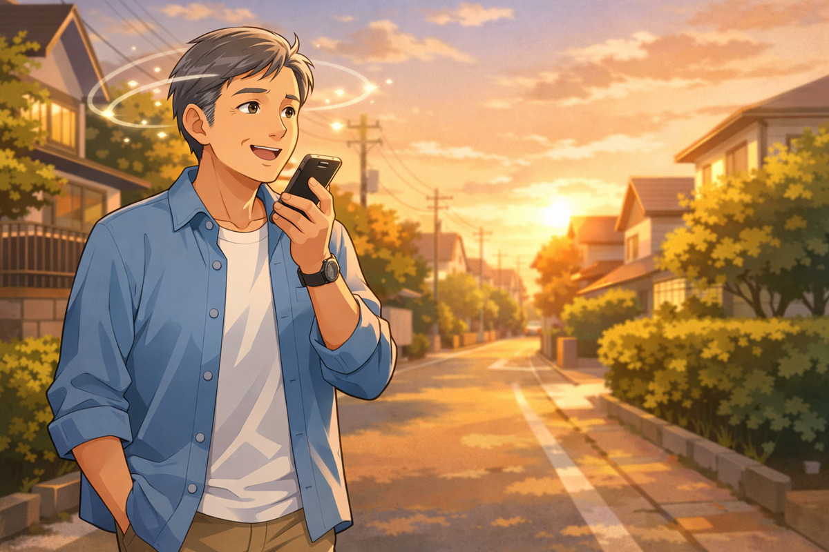 歩きながらスマホで音声入力する60代男性のイラスト。考えが浮かんでいる様子